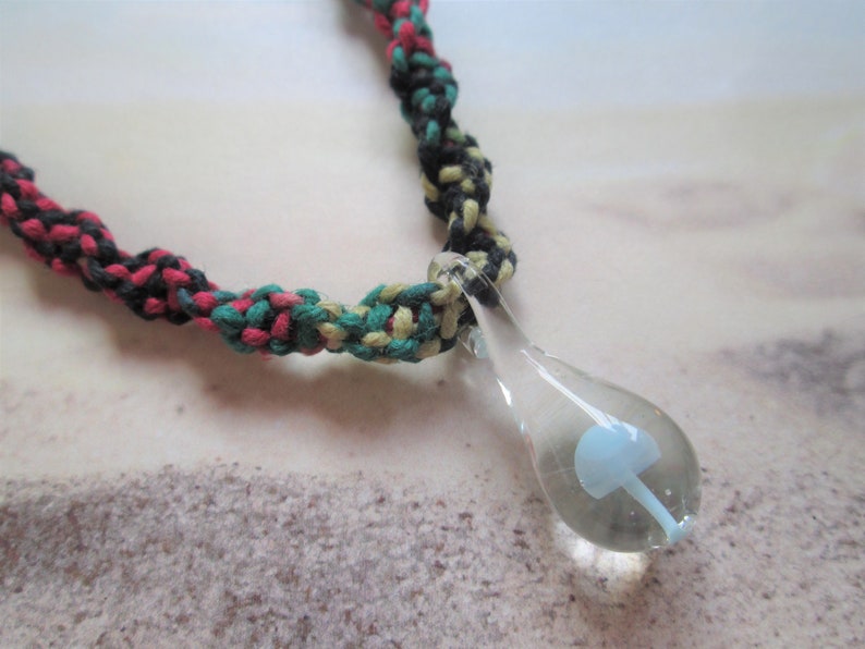 Custom Rasta Hemp Necklace with Choice of Glass Mushroom Pendant Boho Hemp Jewelry Hemp Necklace Retro Hippie Glass Mushroom Pendant