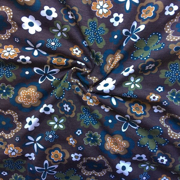 Cotton Spandex Knit Mustard/Olive Floral on Chocolate 58/60" Wide Apparel Fabric by the Yard/Half Yard