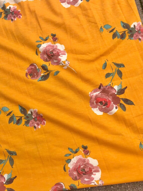 French Terry Mauve Floral on Mustard 58/60