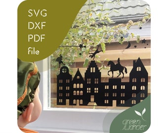 SVG - DXF - PDF file | lasercut file | raamsticker | Sinterklaas en Piet | 5 december | feestdagen | raamdecoratie | grachtenpand | sterren