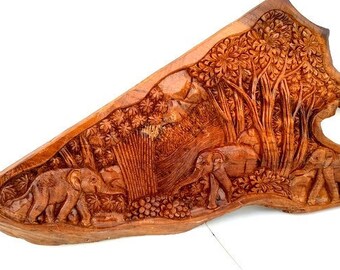 Elephant wood carving, Elephant in Forest, Wooden Wall Art Carving, Natural Forest Art, Sculpture Home Decor, Rustic, Cabin Decor, Wild Life