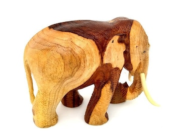 Wood Carving Elephant Hand Carved Elephant Natural Teak Wood  Elephant Handmade Wooden Elephant Art Home Decor / Gift 7&quot; x 4.5&quot; x 4&quot;