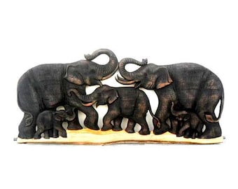 Wood Carving Of 5 Elephant Family Art Hand Carved Natural Teak Elephants Home Decor Wall Hanging Handmade Gift 32"X8.75"