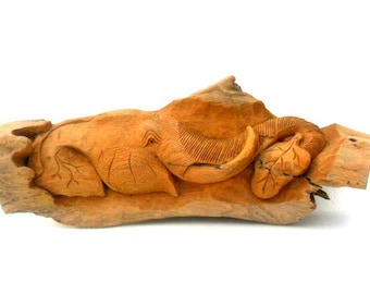 Wood Carving Elephant Head Natural Teak Wood Hand Carved Wooden Elephant Wall Hanging Handmade Art Home Decor / Gift 19" x 10"