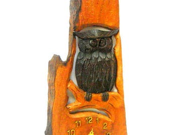Horloge murale hibou, hibou de sculpture sur bois, horloge hibou, décor de chambre d'enfant, horloge murale unique, horloge hibou sculpté, cadeau, 16,5 "X8"