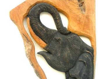 Hand Carved Elephant Wood Carving Elephant Natural Teak Wood  Elephant Handmade Wooden Elephant Art Home Decor / Gift  Height 27"x14"x0.75"