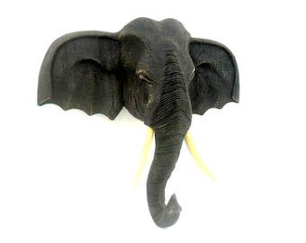 Wood Carving Elephant Head Natural Teak Wood Hand Carved Wooden Elephant Wall Hanging Handmade Art Home Decor / Gift 11"X10.5"