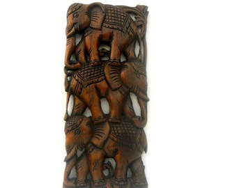 Wood Carving Elephant Head Art Hand Carved Teak Wood Elephant Handmade Natural Driftwood Elephant Home Wall Hanging Art Decor 17.5"x8"