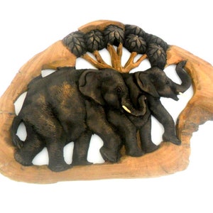 Hand Carved Elephant Wood Carving Elephant Natural Teak Wood  Elephant Handmade Wooden Elephant Art Home Decor / Gift 19&quot;x13&quot;