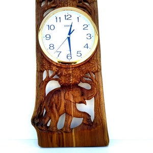 Wood Carving Elephant Clock Natural Teak Wood Hand Carved Art Wall Hanging Home Decor / Gift 22.25&quot;x11.5&quot;
