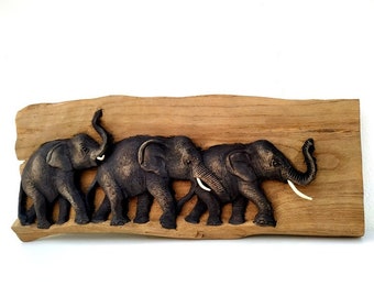 Teak Wood Carving Of Three Elephants Family Natural Art Hand Carved Elephant Home Decor Wall Hanging / Gift sculpture 21.5"X9"