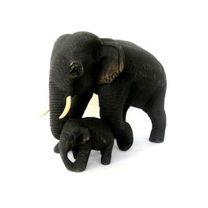 Hand Carved Elephant With Baby Wood Carving Elephant Natural Teak Wood Elephant Handmade Wooden Elephant Art Home Decor / Gift 6.5&quot;x4.75&quot;