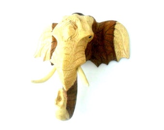 Wood Carving Elephant Head Natural Teak Wood Hand Carved Wooden Elephant Wall Hanging Handmade Art Home Decor / Gift 12"X12"