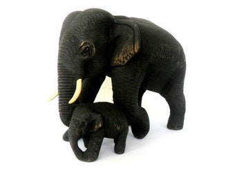 Hand Carved Elephant With Baby Wood Carving Elephant Natural Teak Wood Elephant Handmade Wooden Elephant Art Home Decor / Gift 6.5"x4.75"