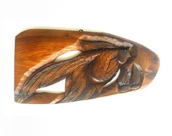Handmade Natural Teak Wood Carving Lucky Fish  Art Home  Wall Hanging Decor Carved 17"X8.5"