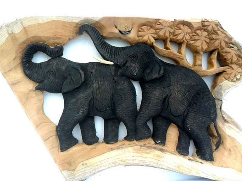 Hand Carved Elephant Wood Carving Elephant Natural Teak Wood Etsy