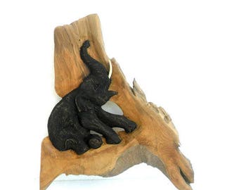 Natural Teak Wood Carving Sitting Elephant  Art Home Decor Wall Hanging  Wooden Hand Carved / Gift 17" X 12.75"