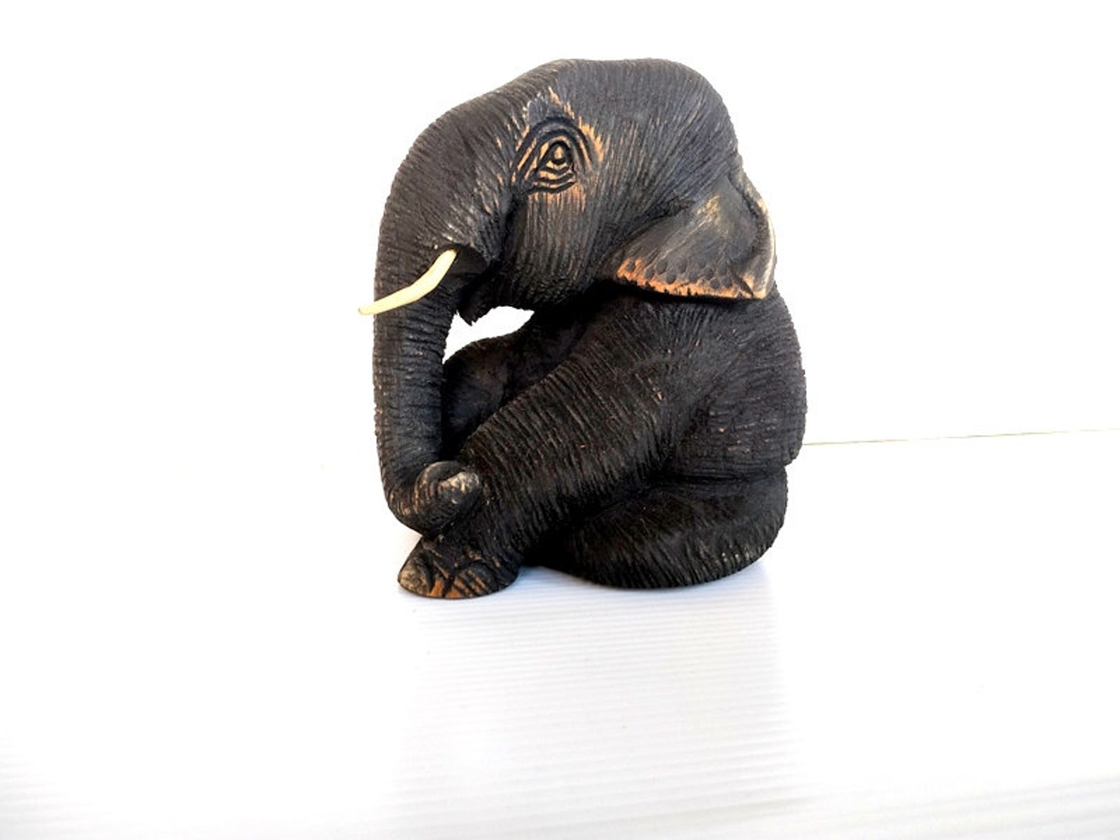 Hand Carved Elephant Wood Carving Sitting Elephant Natural Etsy