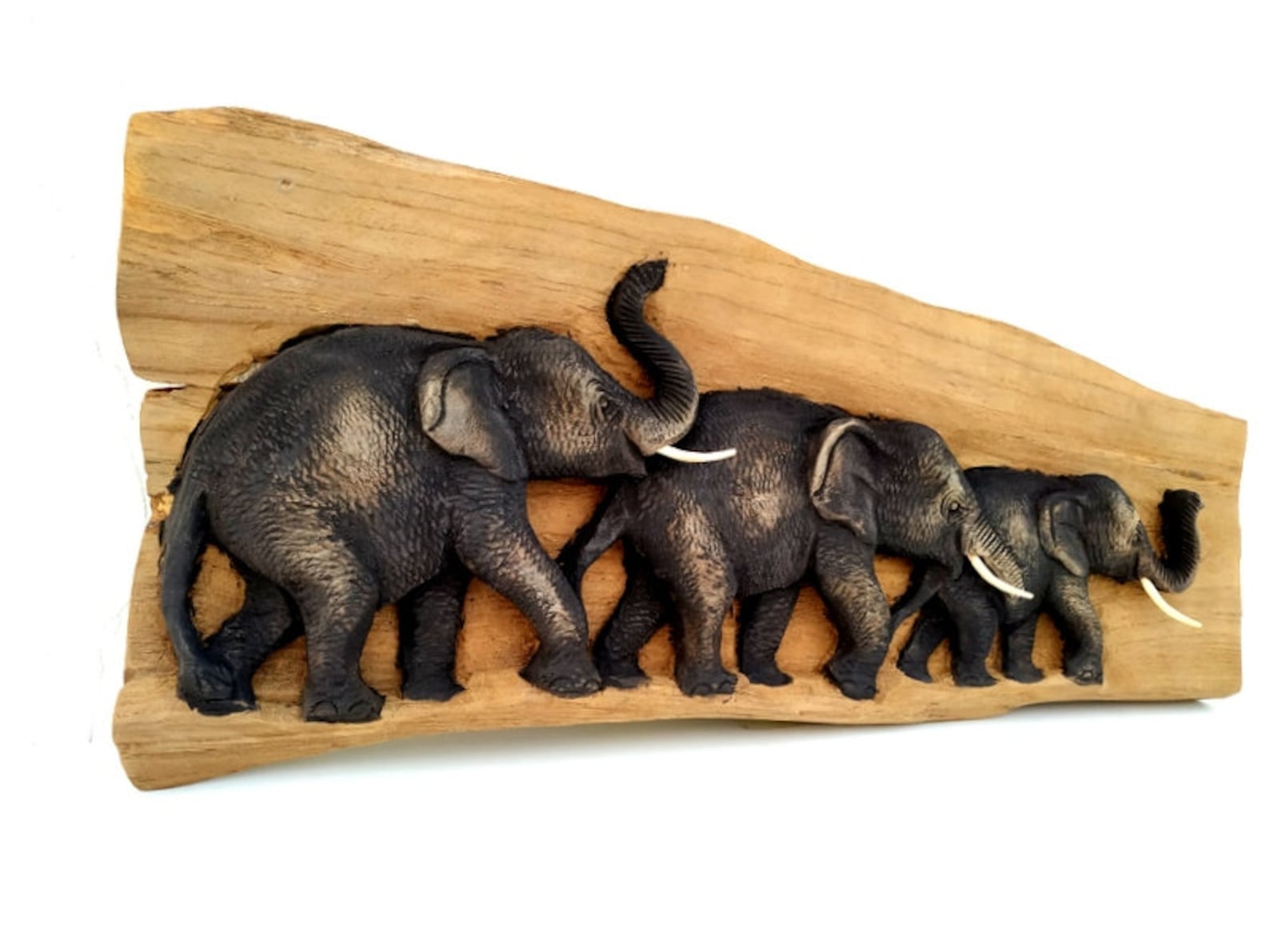 Teak Wood Carving of Three Elephants Family Natural Art Hand Carved
