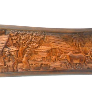 Wood Carving Old Thai Village Life Culture Hand Carved wood Natural Teak Wood Home Wall Hanging Art Decor / Gift 25&quot;X10&quot;
