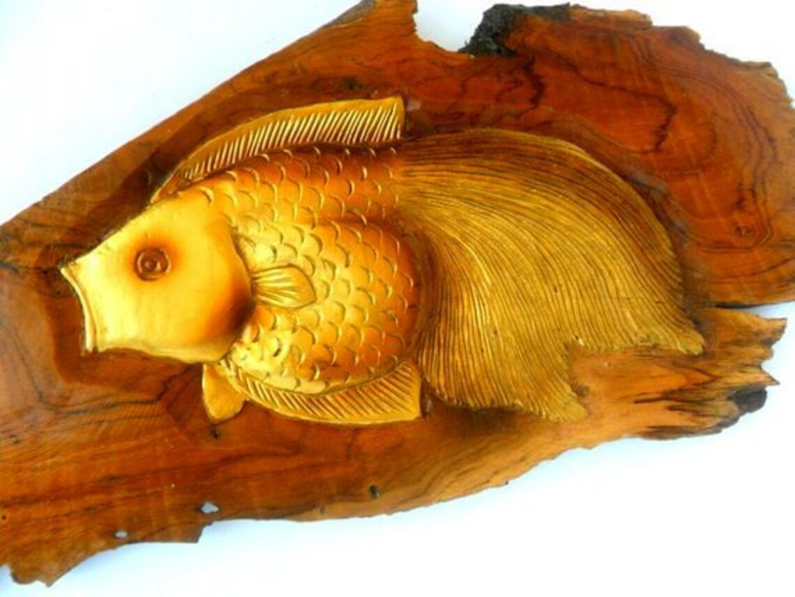 Wood Carving Fish Hand Carved Natural Teak Wood Wall Hanging Etsy