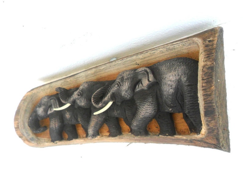 Wood Carving Elephant Hand Carved sculpture Elephants Natural Tree trunk Art Wall Hanging Home Decor Gift 13X5.7