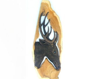 Wood Carving Deer Head Hand Carved Stag Natural Teak Wood Reindeer Wall Hanging Home Art Decor Handmade / Gift 23.5"X8.75"