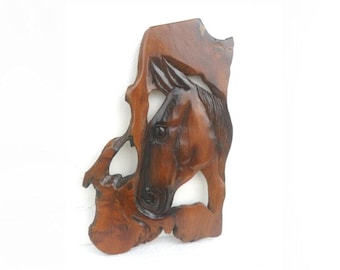 Natural Teak Wood Carving Horse Head  Wooden Hand CarvedHorse Head  Wall Hanging Home Art Decor / Gift 18.5"X11.5"