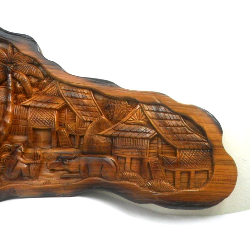Large Natural Old Teak Wood Carving Thai Village Carved Etsy