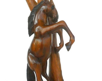 Wood Carving Horse Hand Carved Horse Natural Teak Wood Wild Standing Mustang Wooden Horse Art Decor / Gift 21"X10"