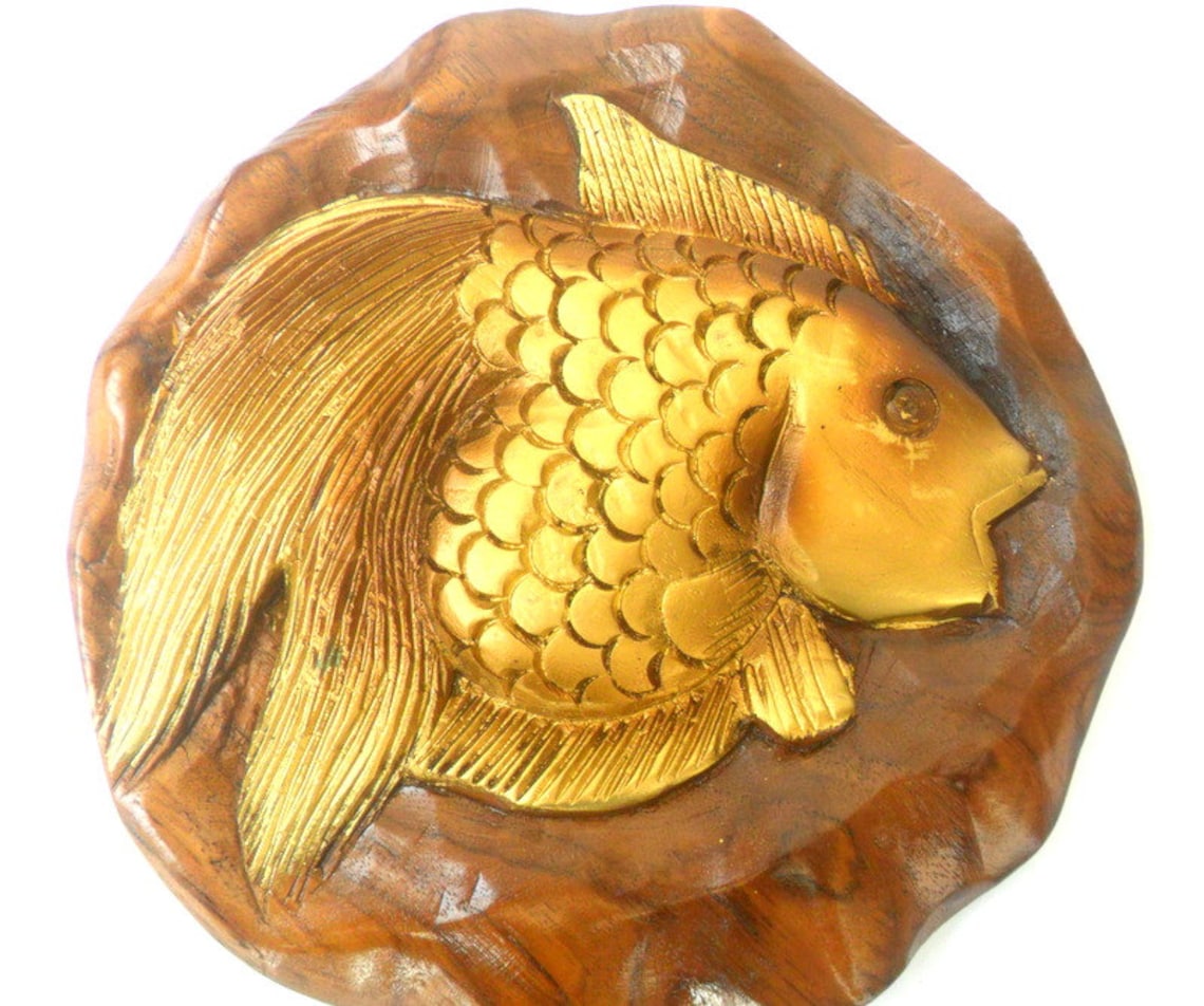 Handmade Natural Teak Wood Hand Carved Round Shape Gold Fish Good Luck ...
