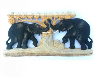 Natural Teak Wood Carving Of Two Elephants In The Forest Tree Wall Hanging Home Art Decor Hand Carved Elephant / Gift 10"X20"