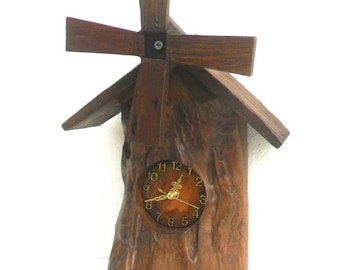 Natural talla reloj molino de viento de madera teca tallada pared colgante Home Decor arte hecho a mano Natural rústico Driftwood reloj 10,75 "X 9" X 3 "