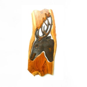 Houtsnijwerk Herten hoofd natuurlijke teakhouten hand gesneden muur opknoping kunst home decor / handgemaakte gift 23 " x 9,5 "
