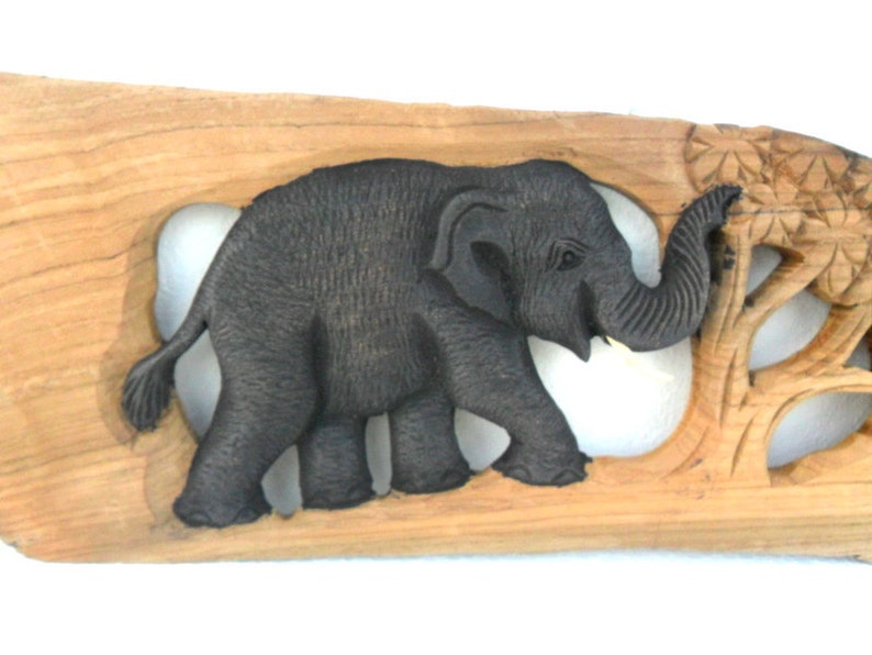 Teak Wood Hand Carving Elephant With Tree Art Home Decor Wall Hanging