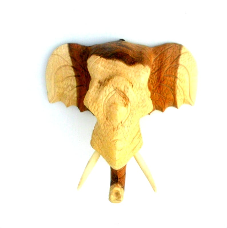 Wood Carving Elephant Head Natural Teak Wood Hand Carved Wooden