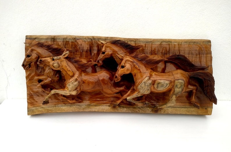 Wood Carving Horses, Horse Wall Art, Hand Carved Horse, Natural Wooden