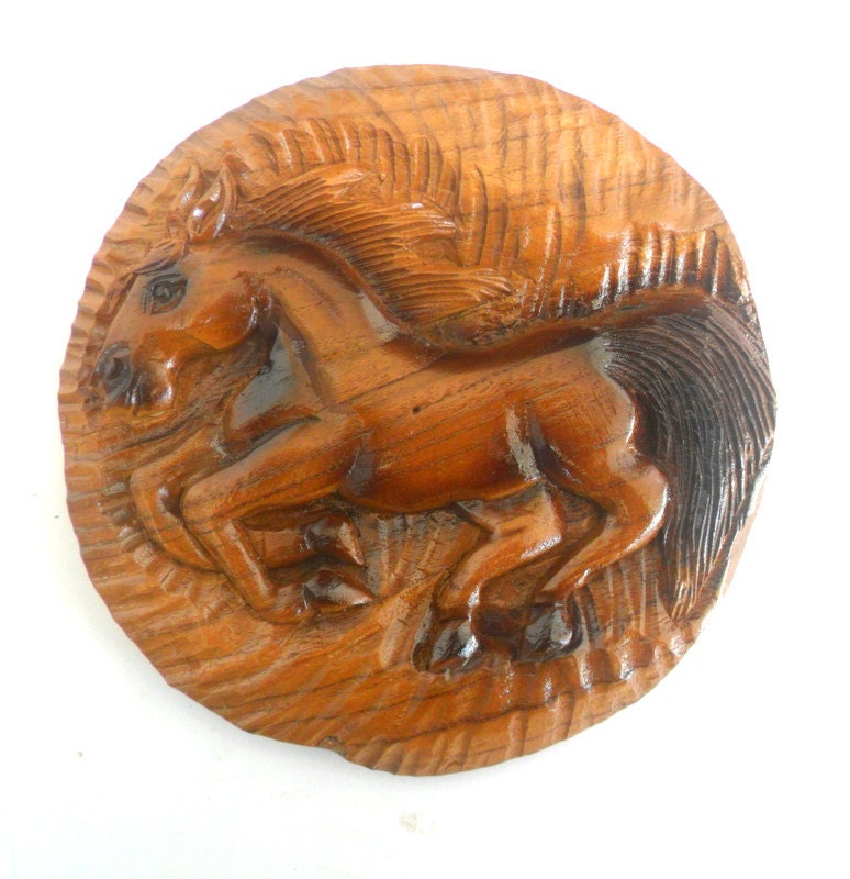 Handmade Natural Teak Wood Round Shape Hand Carved Horse Wood Carving Wall Hanging Art Home Decor 7.75"x0.75"