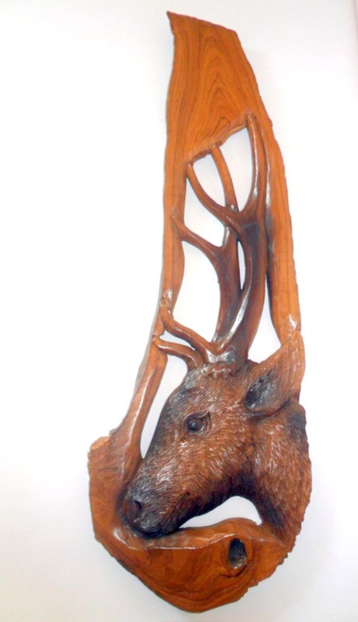 Wood Carving Deer Head Teak Wood Hand Craved Wall Hanging Home Decor