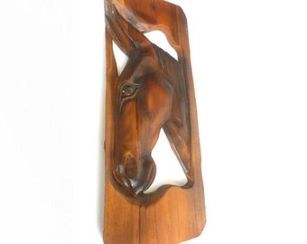 Teak Wood Carving Horse Head Natural Old Teak Wood Carved Art Wall Hanging Home Decor / Gift 17"X7"