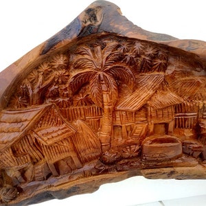 Wood Carving Old Thai Village Life Culture Hand Carved wood Natural Teak Wood Home Wall Hanging Art Decor, Drift Wood Wall Art 27&quot;X13&quot;