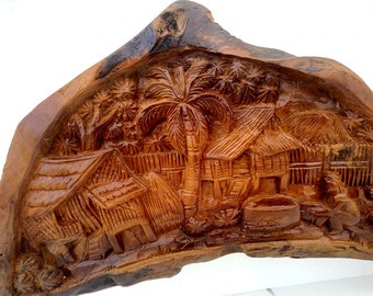 Wood Carving Old Thai Village Life Culture Hand Carved wood Natural Teak Wood Home Wall Hanging Art Decor, Drift Wood Wall Art 27"X13"