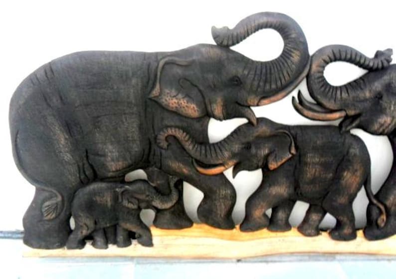 Wood Carving of 5 Elephant Family Art Hand Carved Natural Teak