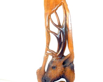 Wood Carving Deer Head Teak Wood Hand Craved Wall Hanging Home Decor Handmade Driftwood / Gift 26.5" X 9.75"