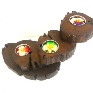 Teak Wood Candle Holder Set Live Edge Three Arm Reclaimed Tea Light Rustic Driftwood Handmade Natural wooden Home Decor / Zen Art / Gift