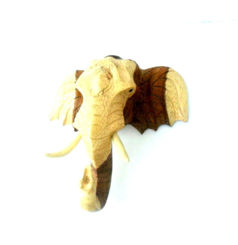 Wood Carving Elephant Head Natural Teak Wood Hand Carved Wooden