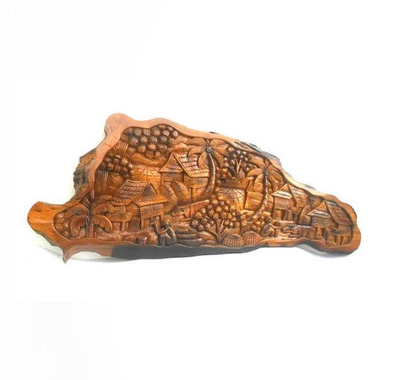 Large Natural Old Teak Wood Carving Thai Village Carved - Thai Home Wall Decor Large Natural Old Teak Wood Carving Thai Village Carved - Thai Home Wall Decor