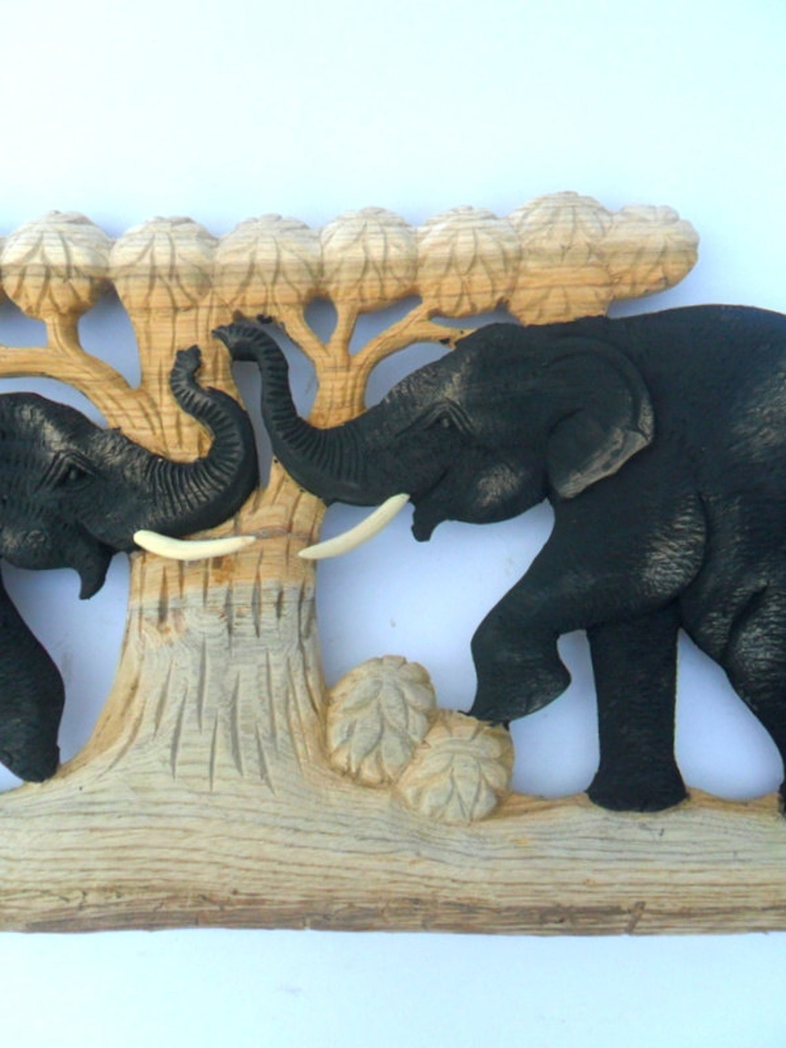 Natural Teak Wood Carving of Two Elephants in the Forest Tree Wall ...