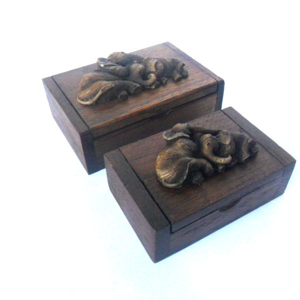 Two Teak Wood Rustic Box Boxes With Elephants Reclaimed Handmade wooden Elephant Box Home Art Decor / Zen Art / Gift
