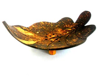 Natural Coconut Shell Soap Dish Art Leaf shape Hand Carved Handmade wooden Carving Soap Dish Home Art Decor / Zen Art / Gift 6&quot;X4.25&quot;X2&quot;